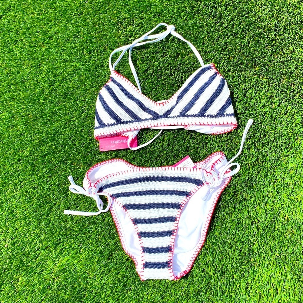Xhilaration red, white and blue crocheted swim suit. Size M top, size L bottom.